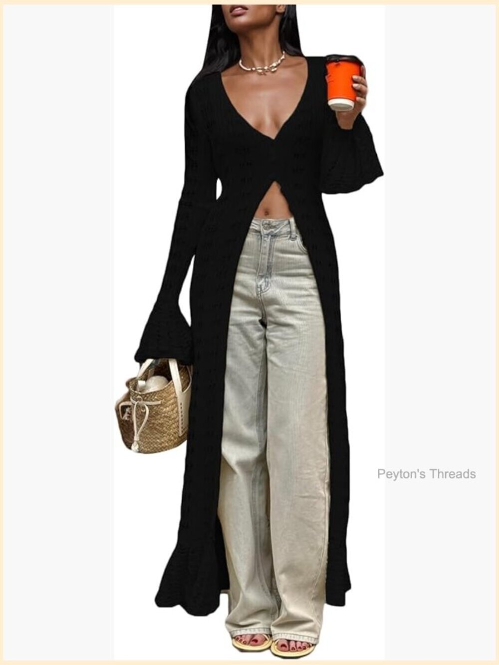 Hollow Out Knitted V Neck Long Sleeve Button Up Crochet Cardigan Beach Cover Up